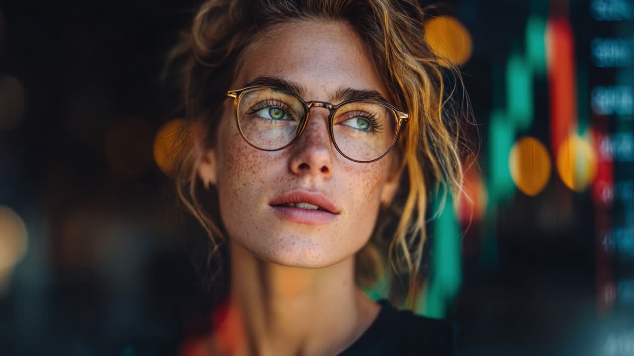 A Young Woman with Freckles and Glasses Staring Intently at the Camera, Captured Amidst a Background of Colorful Financial Graphs and Lights, Reflecting Focus and Ambition