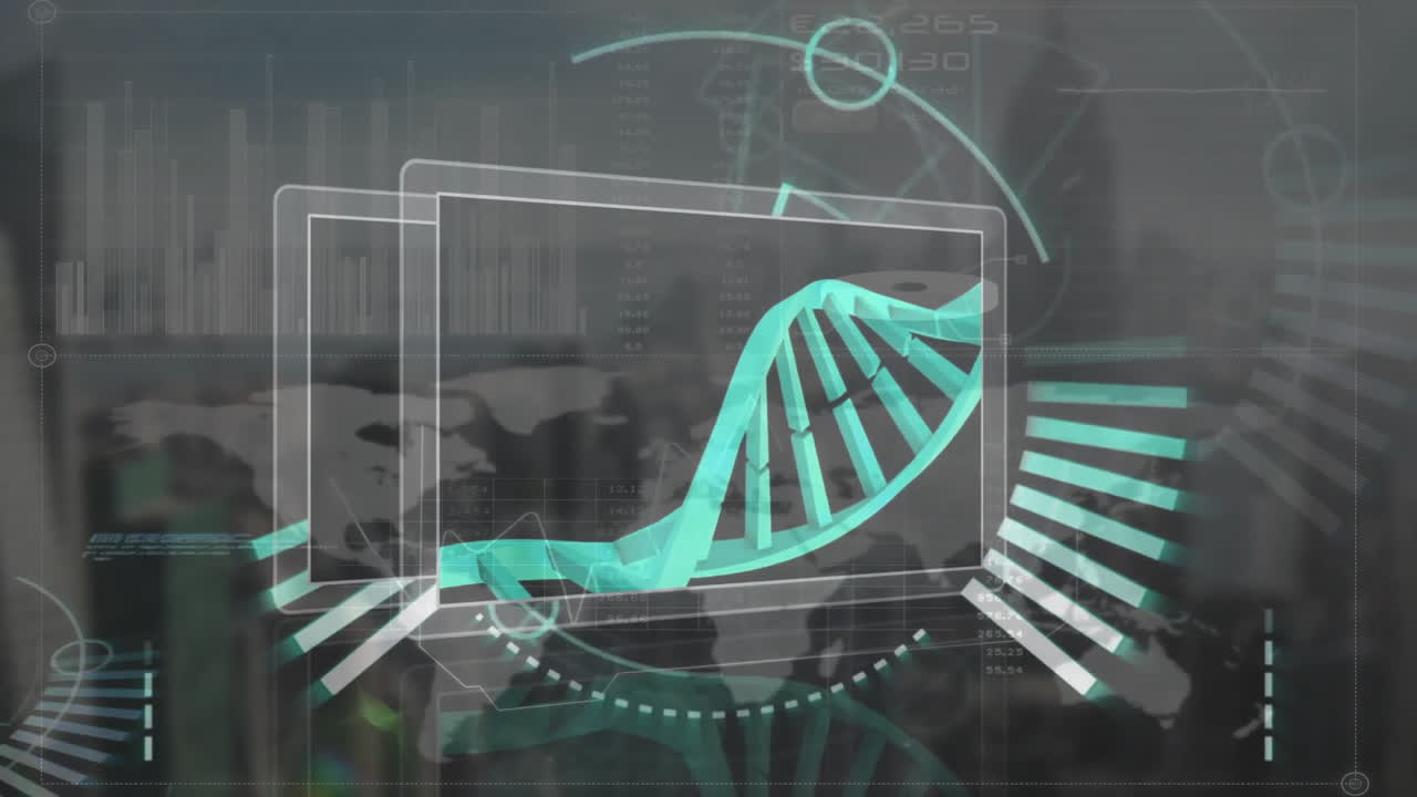 animación de cadenas de adn y gráficos de datos sobre el fondo del mapa del mundo