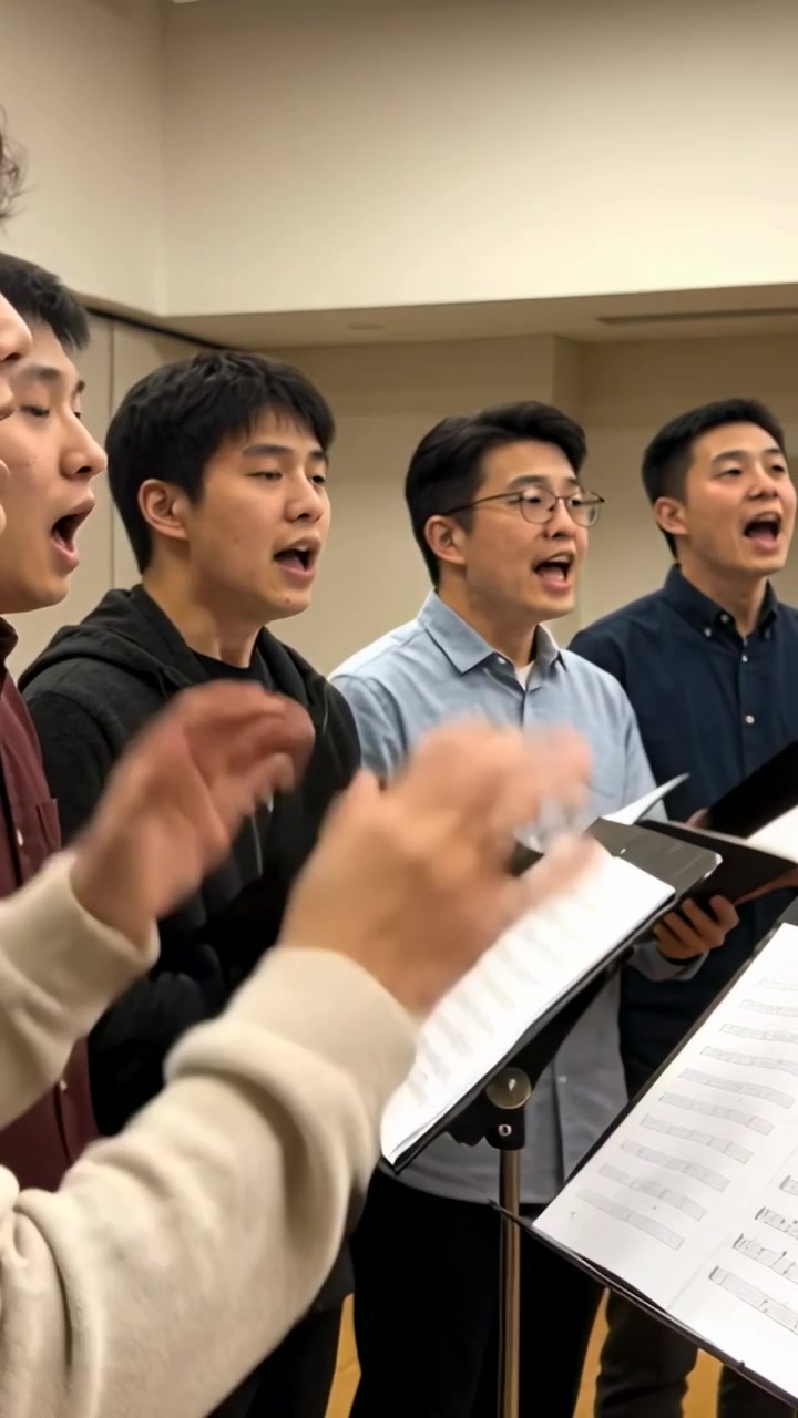 Vertical video: Starting rehearsal to practice passage, men in shirts singing, holding black folios