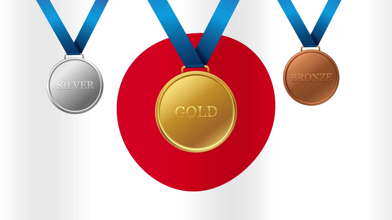 Guld-, sølv- og bronzemedaljer falder ned over et viftende japansk flag i en sømløs sløjfe