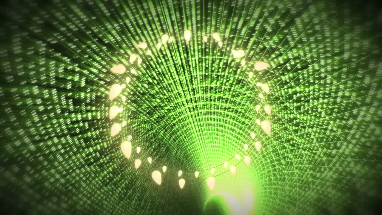 Animation von weihnachtlicher Deko-Lichterkette mit Platz für Text über einem grün leuchtenden Tunnel