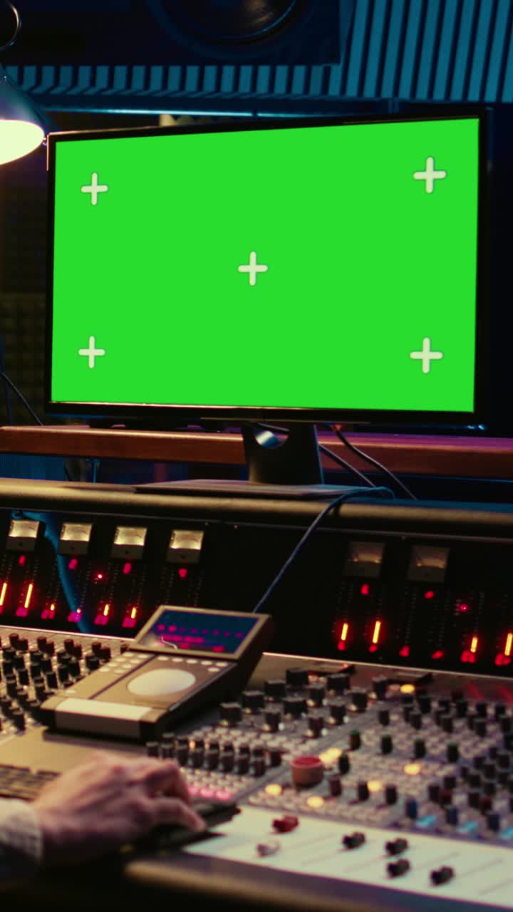 Monitor con green screen e console di missaggio audio in uno studio di registrazione