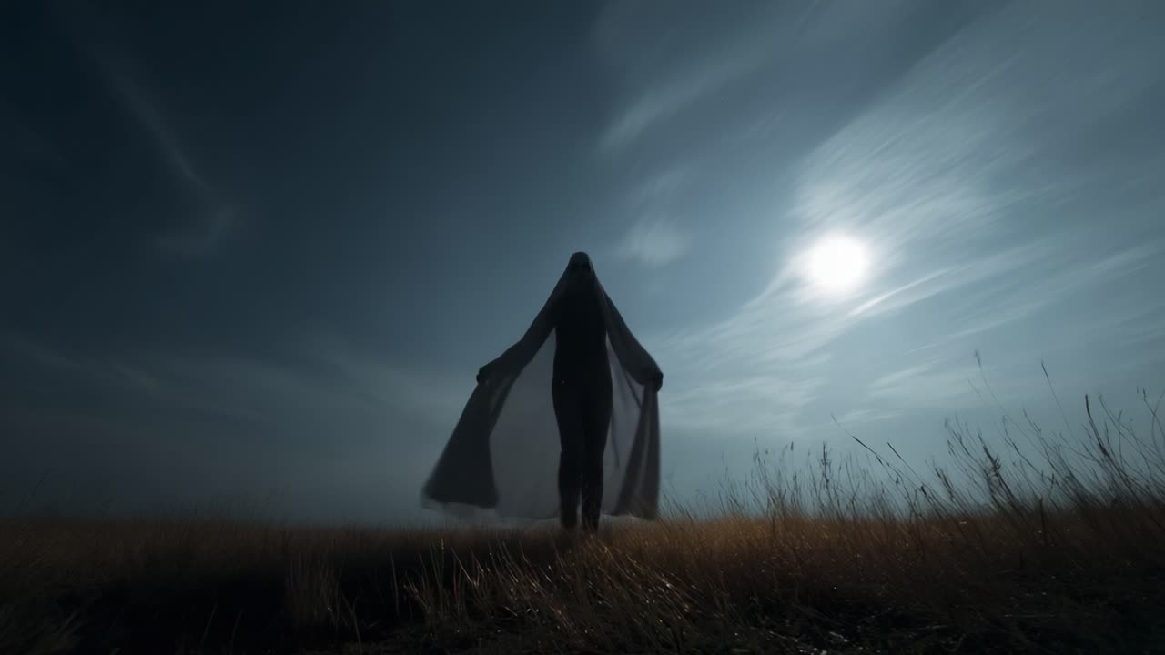 A Mysterious Figure Wanders Through Whispering Grass Under the Pale Moonlight, Creating an Enigmatic Atmosphere of Solitude and Reflection Amidst the Evening Sky