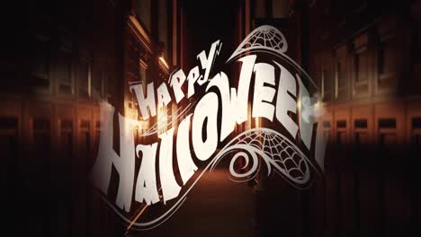 animation of happy halloween and ghosts over scary narrow corridor