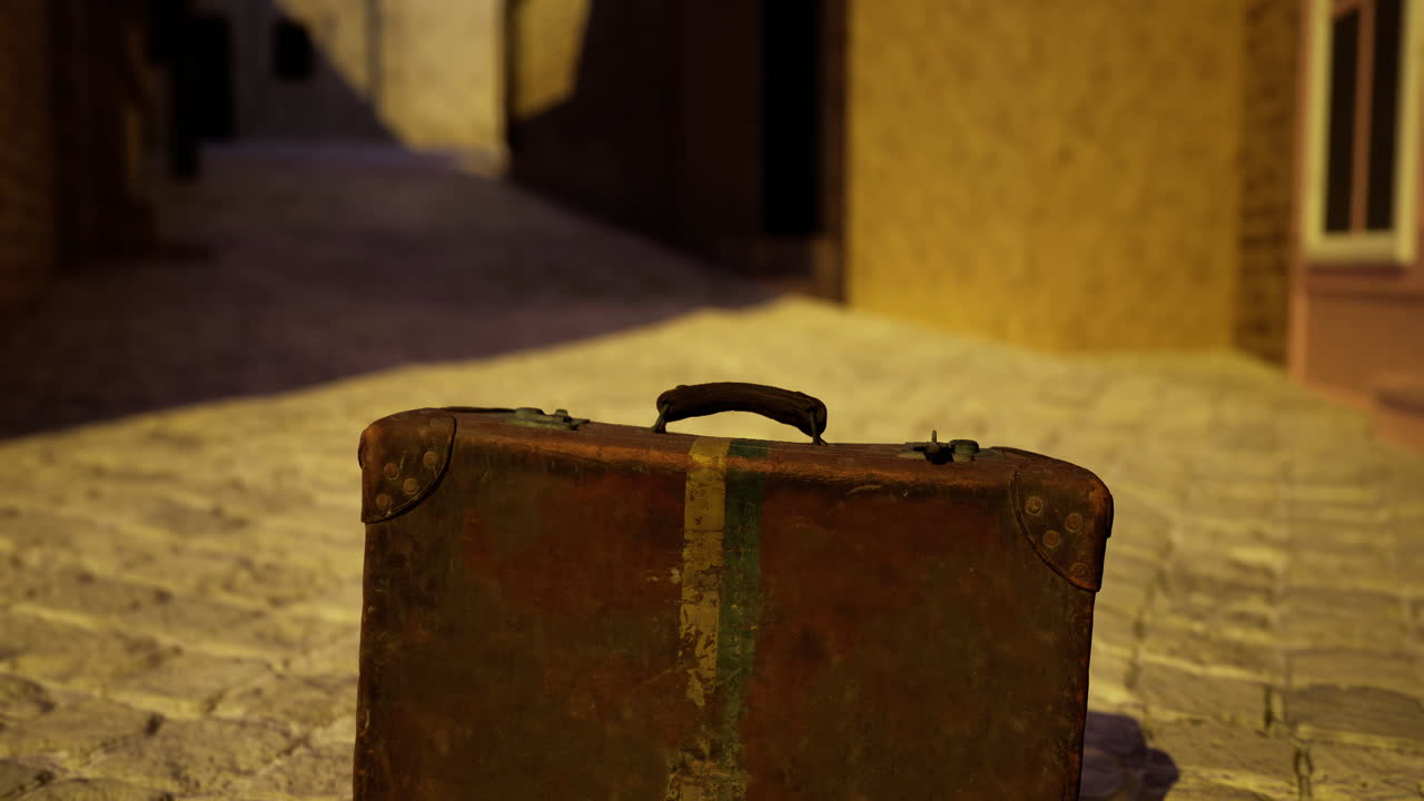 Old suitcase placed on cobblestone street in quiet evening light