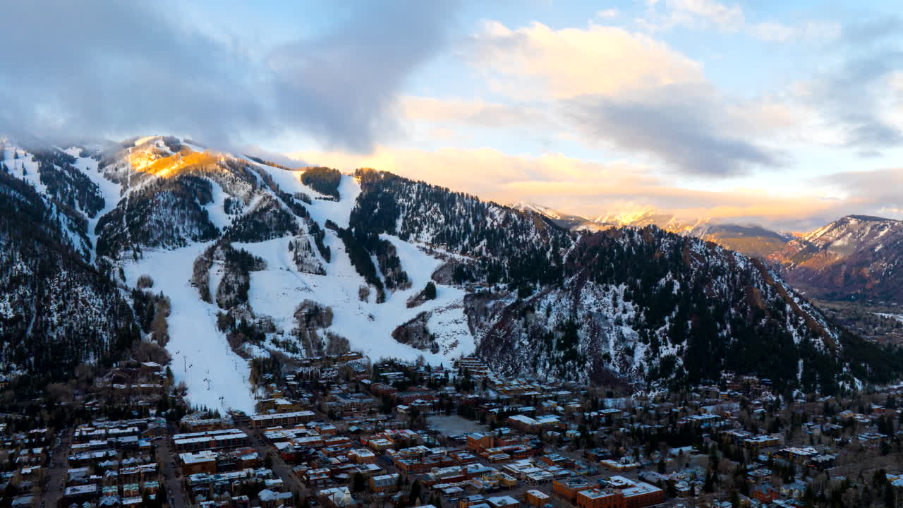 Sunrise aerial hyperlapse view of Aspen Mountain Ski Resort in Pitkin, Colorado