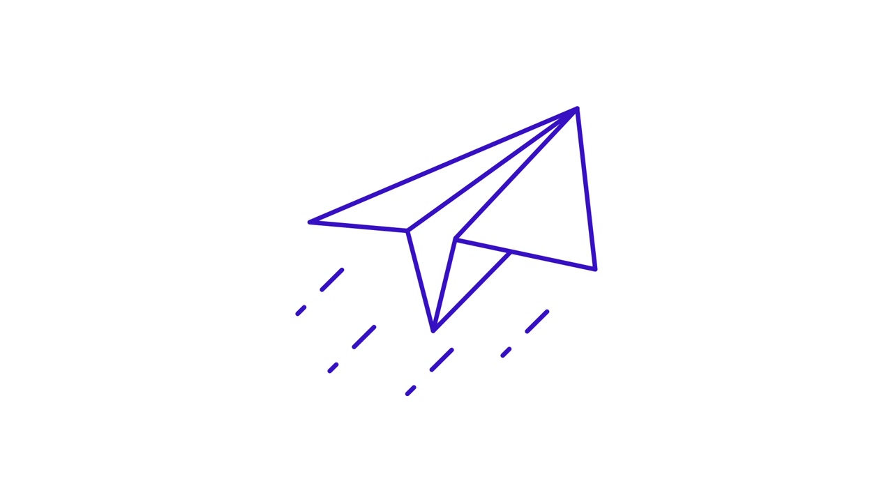 Animazione al tratto blu di un aeroplano di carta che vola.