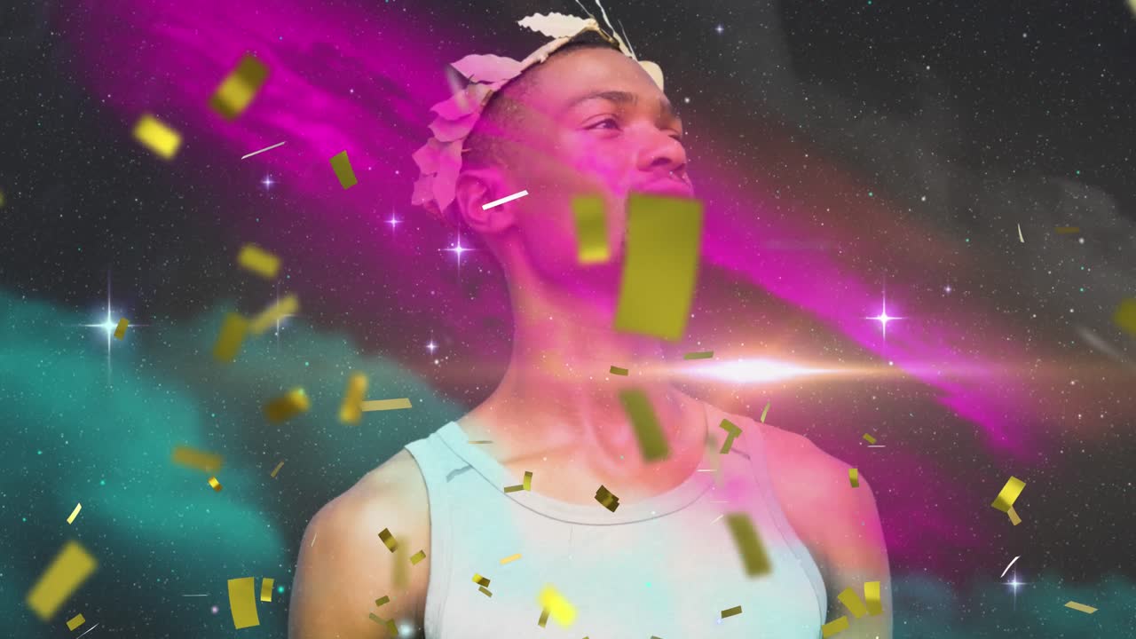 머리를 높이 들고 왕관을 쓴 남자 위에 있는 콘페티 애니메이션.