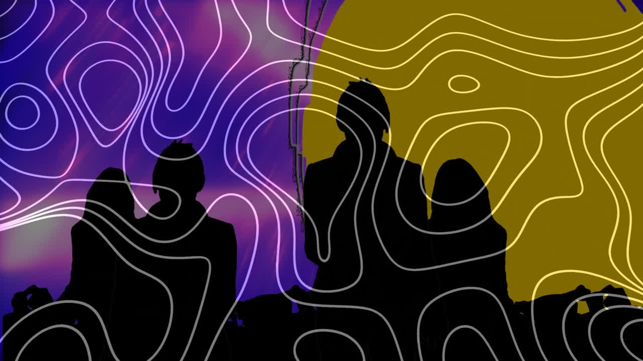 Silhouetted people with colorful animation lines and shapes in background