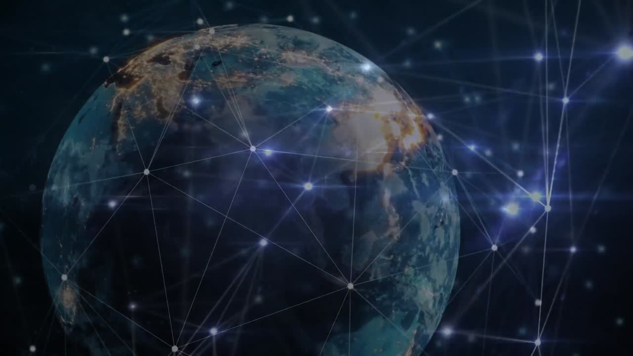 animación de la red de conexiones con luces sobre el globo giratorio en el espacio negro