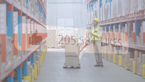 warehouse worker moving boxes on pallet truck, animation of 3,290,020 likes over