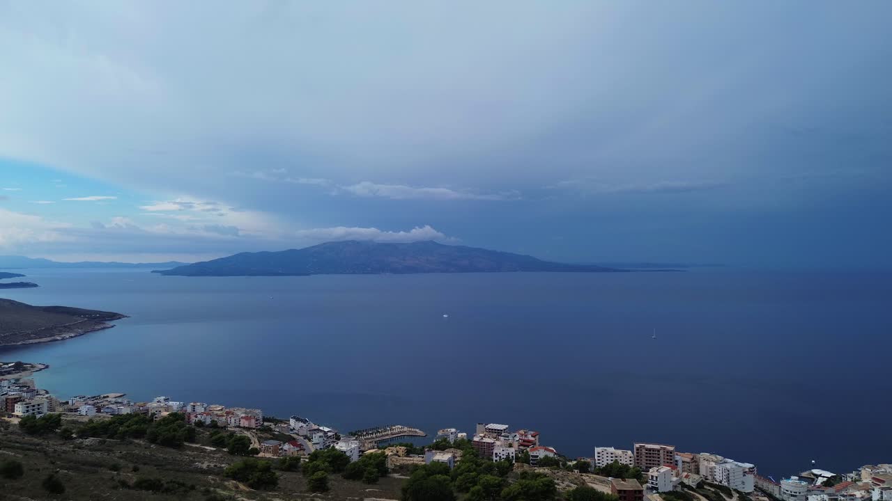 Saranda Albania Ionian sea coastline view of Corfu Island Greece, aerial