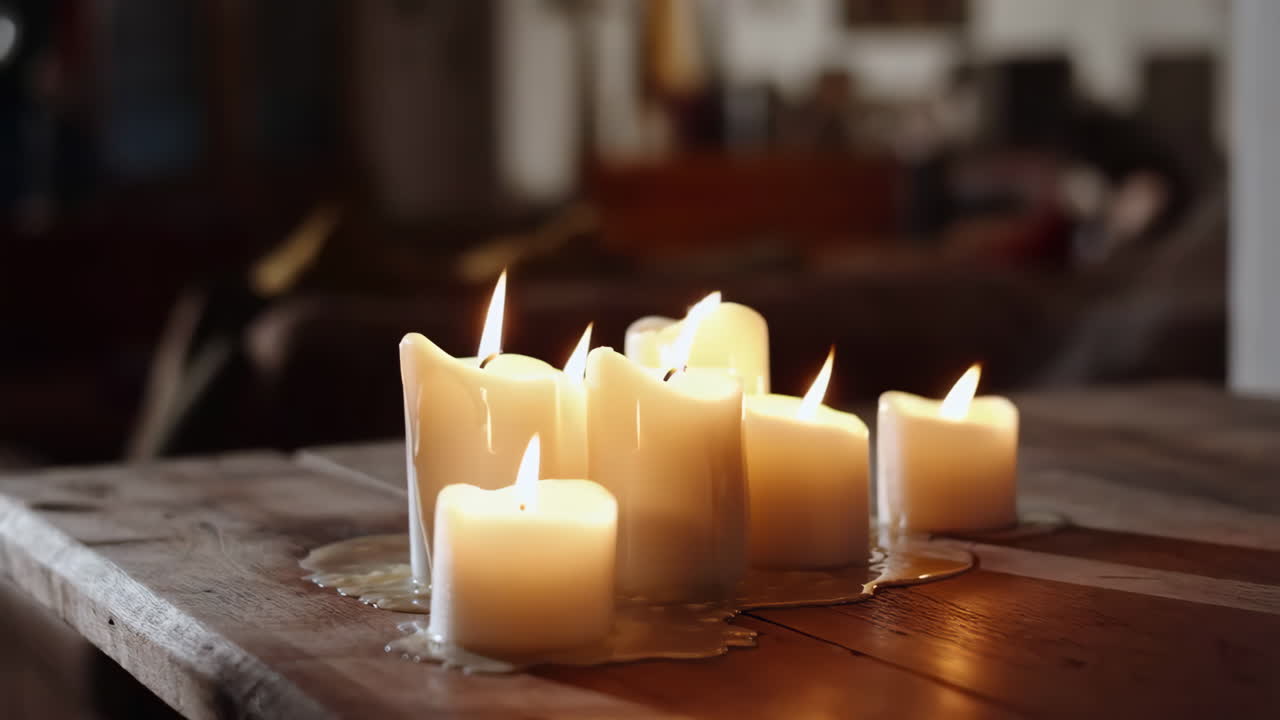 Lit Candles on a Wooden Table with Melting Wax