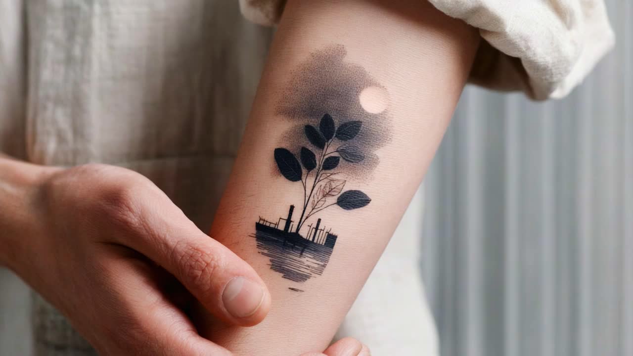 Intricate Tattoo Art Depicting a Serene Landscape with a Ship, Leaves, and Sun, Showcasing Detailed Black Ink Illustrations on an Arm, Capturing Nature's Beauty and Tranquility