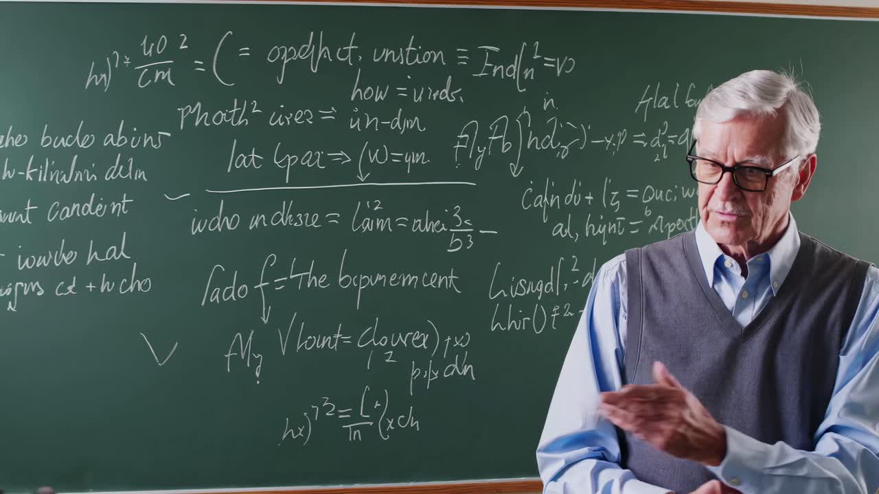 Vzdělávací video s profesorem vysvětlujícím složité rovnice na tabuli, záběr