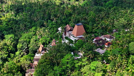 lush jungle resort in ubud bali, peaceful aerial view of tropical forest retreat