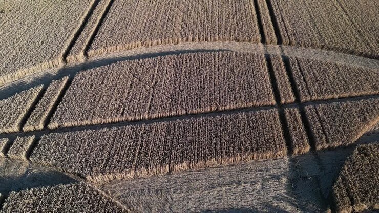 Close up fly over mysterious Micheldever Station alien hoax crop circle shapes aerial view tilt up across rural farmland
