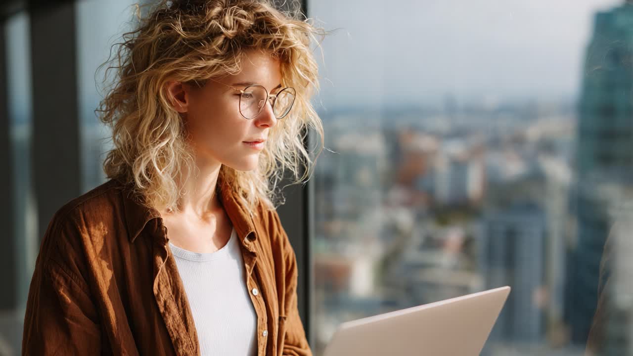 A young woman with curly hair and glasses intently engages with her laptop, gazing thoughtfully out of a large window, overlooking a vibrant cityscape