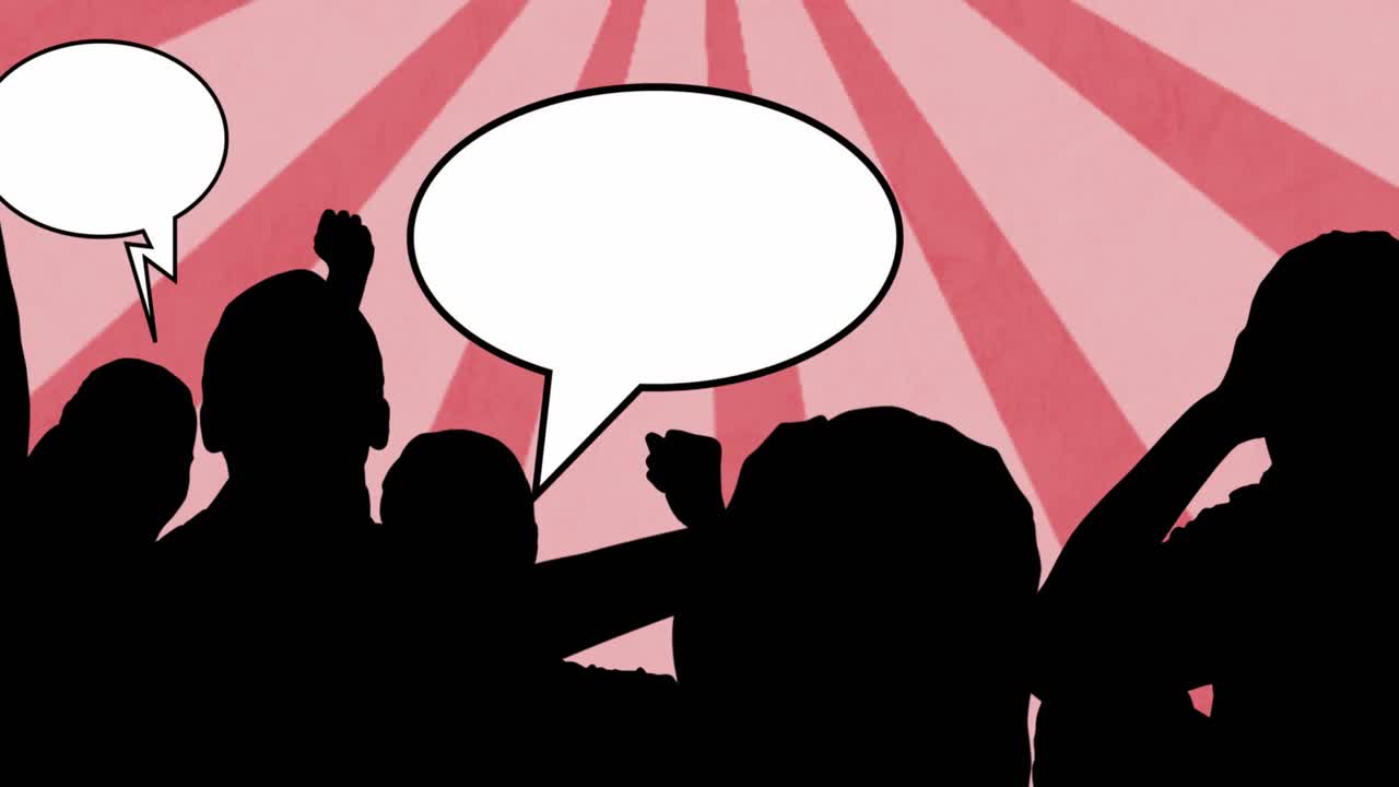 분홍색 배경의 선 위에 음성 거품으로 사람들의 실루의 애니메이션