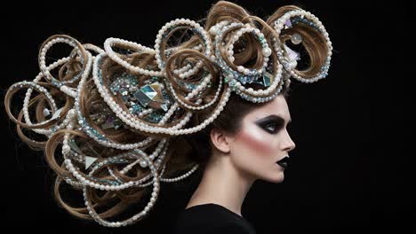 a captivating portrait of an avant-garde hairstyle featuring intricately twisted hair adorned with pearls and gems against a dramatic black background