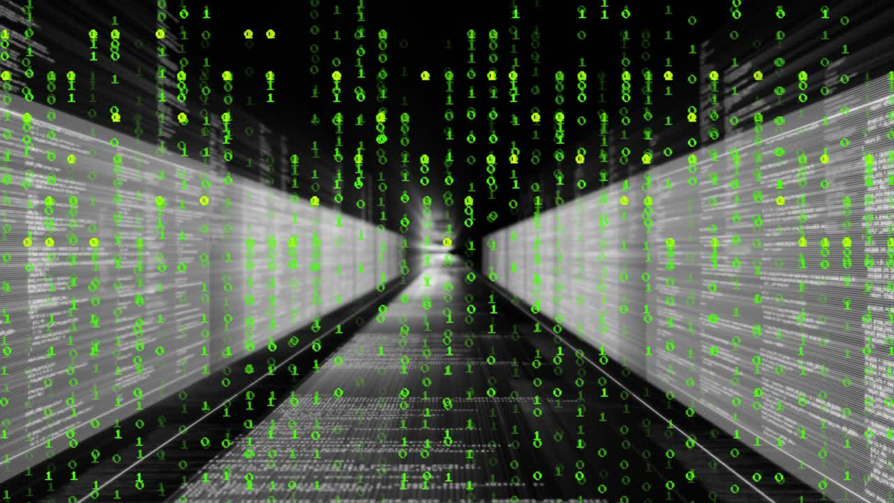 Chiffres binaires en cascade, puis caméra glissant vers l'avant à travers un tunnel de code 3D visualisant le flux de données.