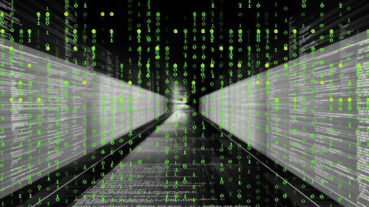 Binary digits cascading then camera gliding forward through 3D code tunnel visualizing data flow