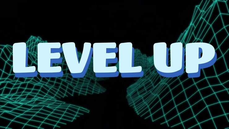 Animation of level up text banner over purple kaleidoscope pattern against metaverse structures