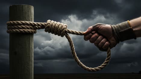 a hand gripping a noose tied to a wooden post beneath dark, ominous clouds, signifying tension and uncertainty in a gloomy landscape