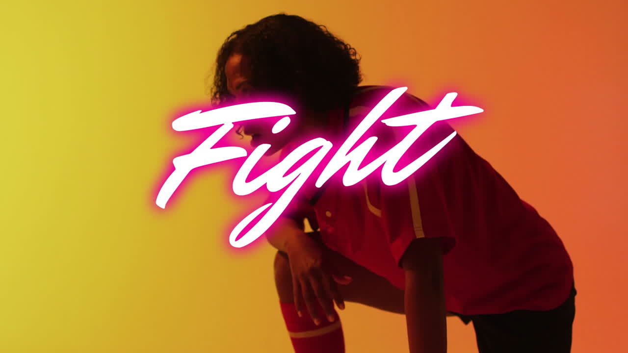 Wearing sports attire, person with animation of Fight on vibrant background
