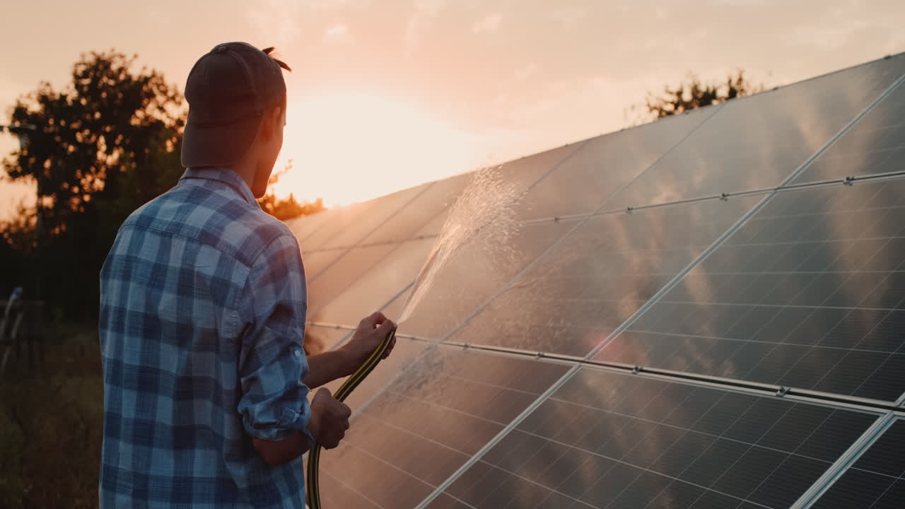 젊은 남자가 호스로 태양 전지판을 씻는다 1
