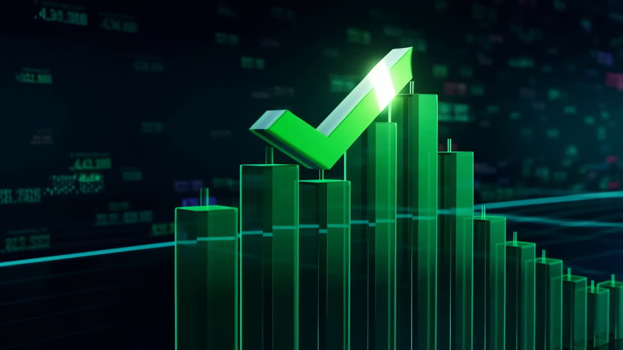 Glowing Green Bar Chart with Checkmark Symbolizing Business Growth and Success