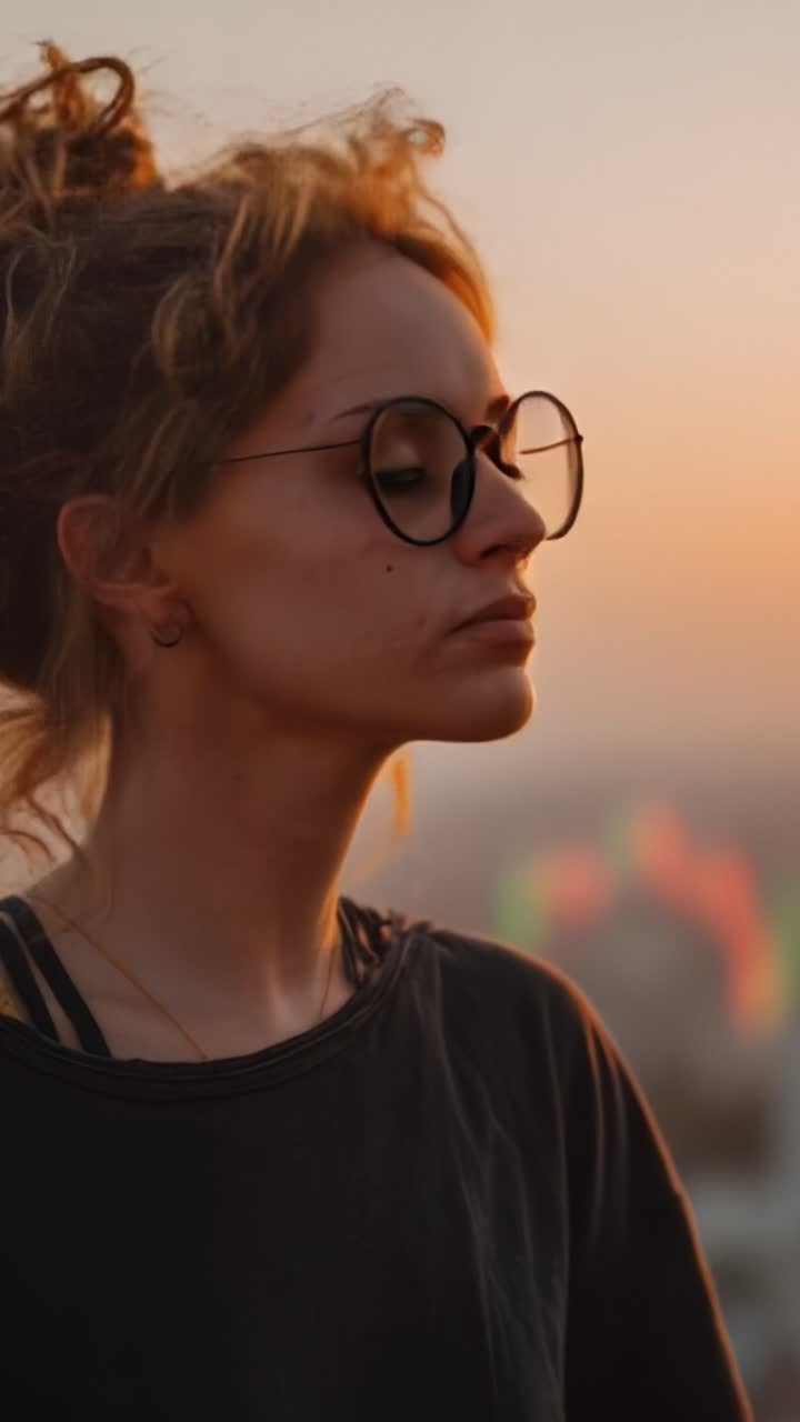 Una vista di profilo di una giovane donna pensierosa con uno sfondo di un tramonto, che cattura l'essenza dell'introspezione e della serenità durante l'ora d'oro