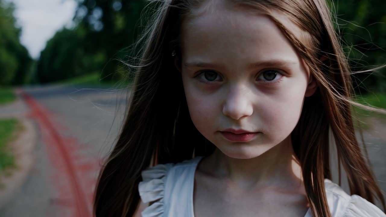 Melancholic child wearing flowing white dress standing on dusty rural road, brown hair framing somber expression near vivid crimson stain hinting at profound emotional landscape