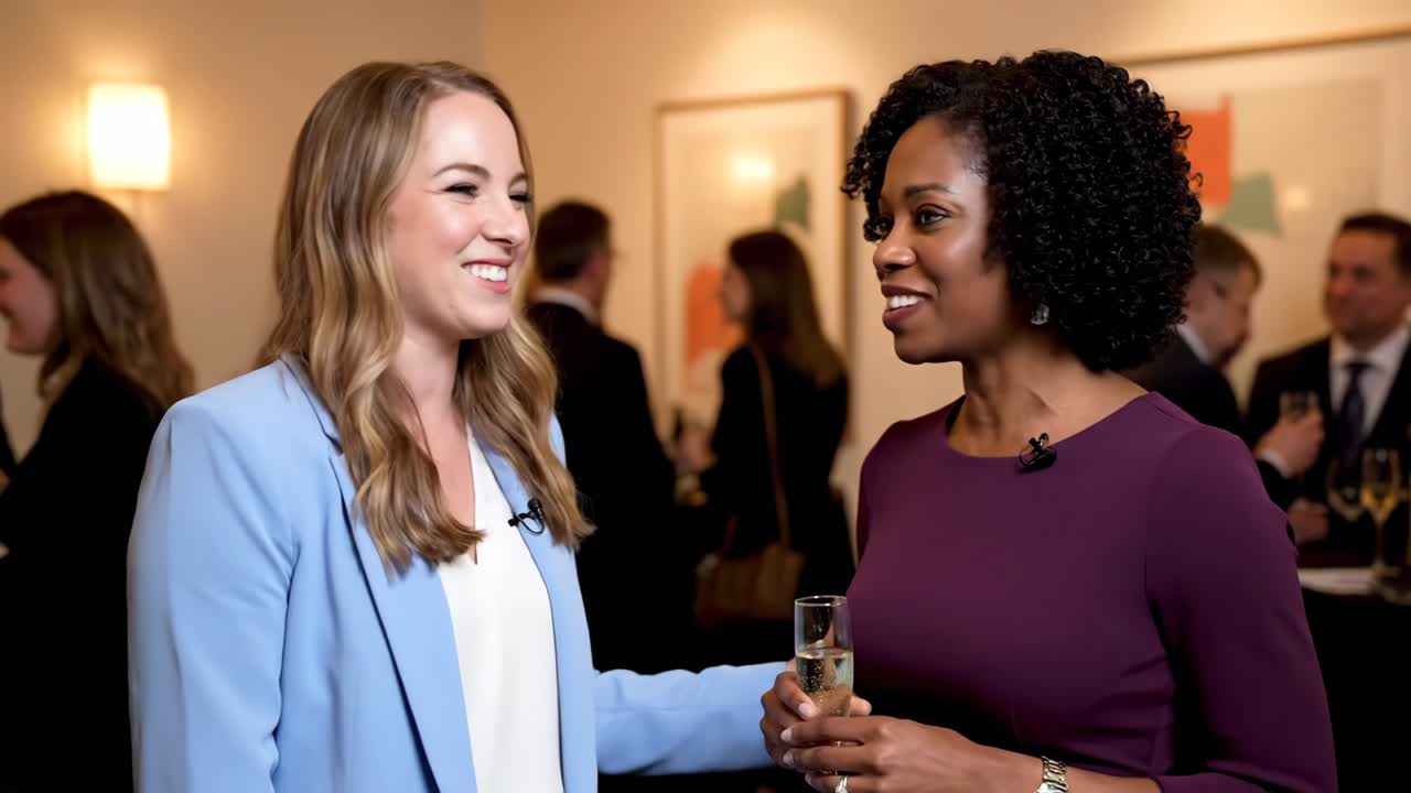Two women networking at a formal event
