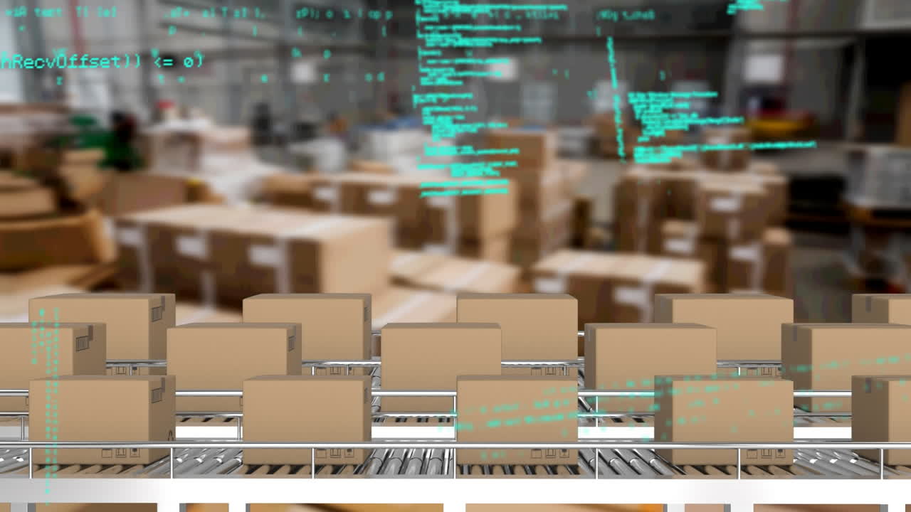 animación del procesamiento de estadísticas sobre cintas transportadoras con cajas