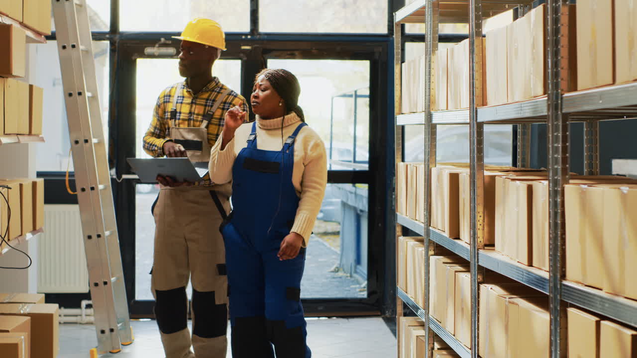 Team of warehouse workers discussing inventory with boxes
