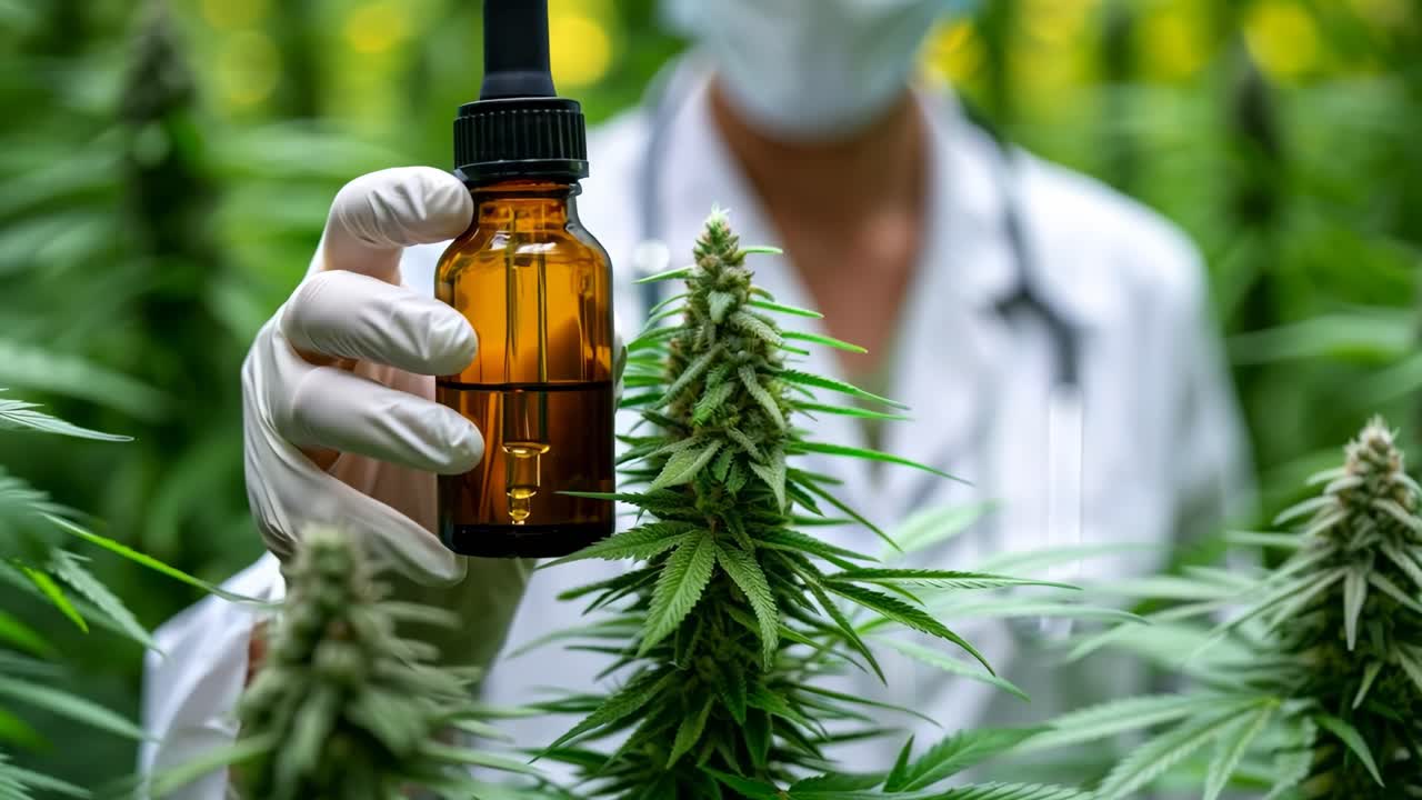 A woman in a white lab coat holding a bottle of cannabis oil. The bottle is brown and has a black cap. The woman is wearing gloves and a mask. Concept of professionalism and caution
