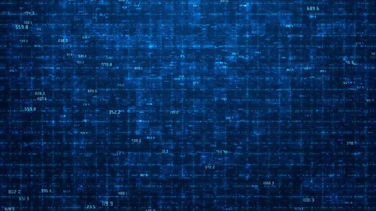 Hightech animation features glowing digital grid filled with fluctuating numeric data visualizes