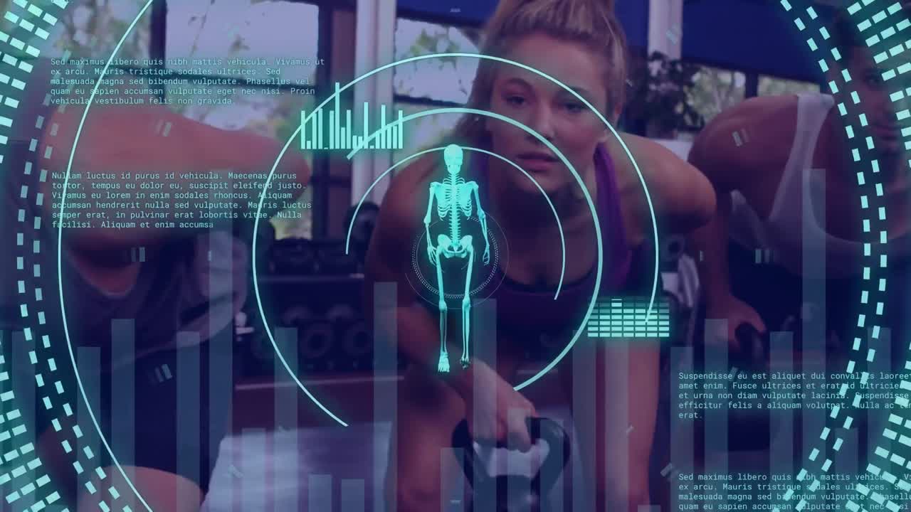 animación de escaneo de alcance y procesamiento de datos sobre personas caucásicas haciendo ejercicio.