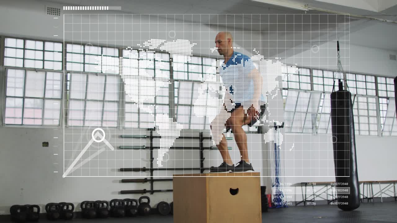 Man shifting weight, jumping med ball and plyo box jumps in fitness, chart overlay tracking reps