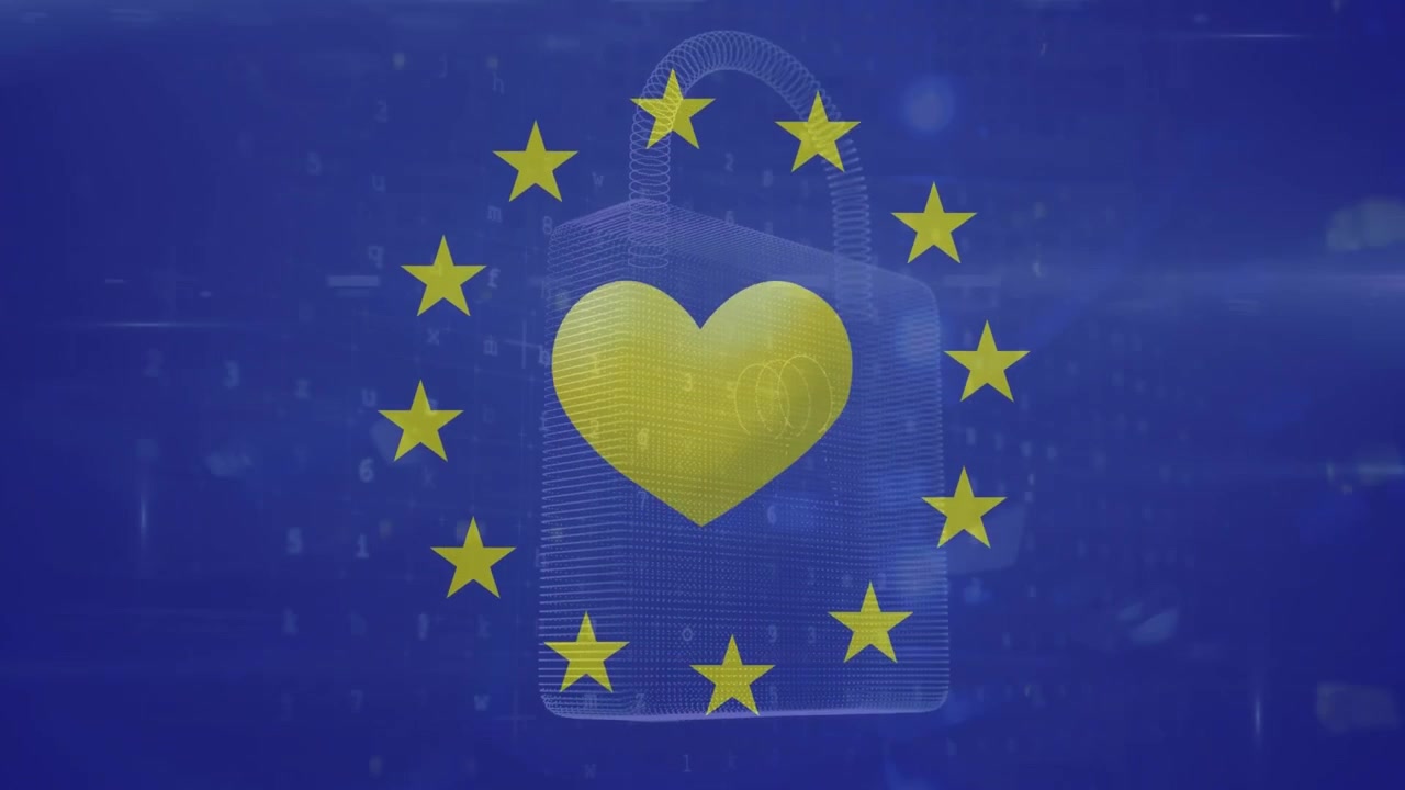 Animazione di cuore giallo, lucchetto, elaborazione dati e bandiera dell'UE.
