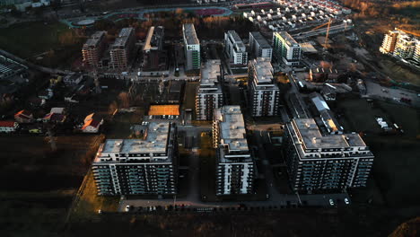 aerial cityscape view of a luxury apartment complex, residential designed buildings