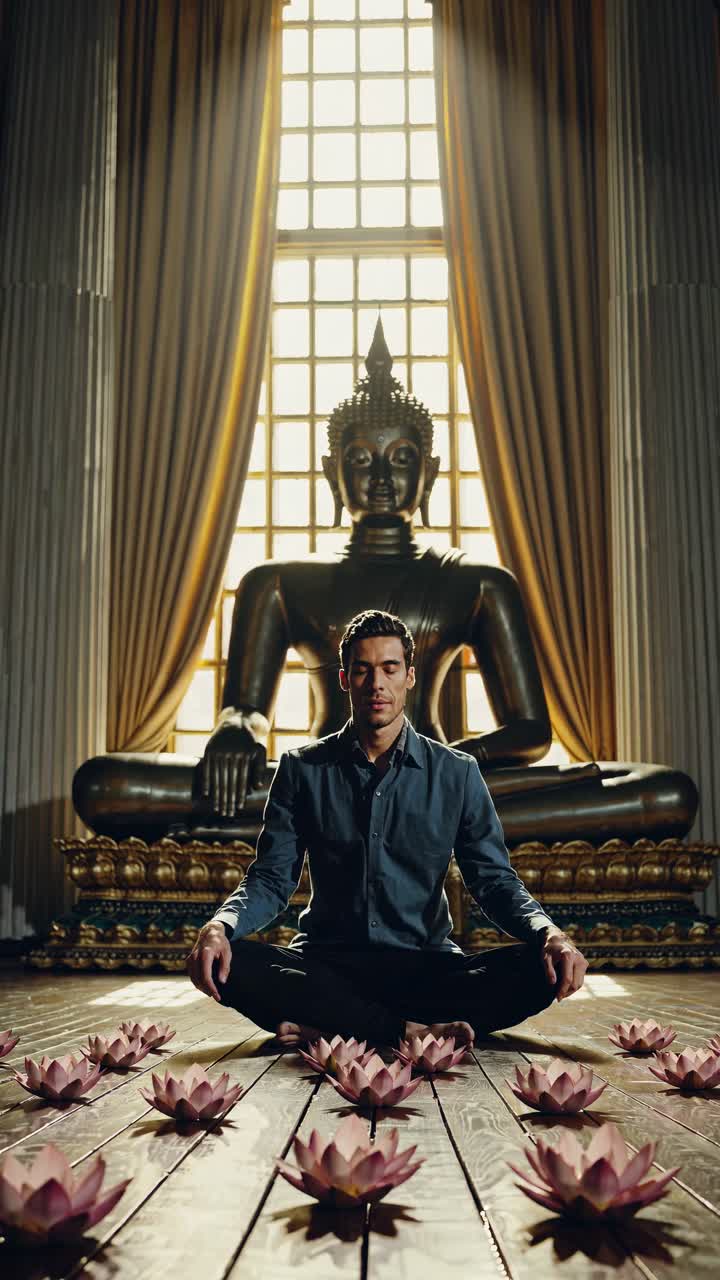 Serene male practicing meditation in lotus pose near oversized Buddha sculpture, surrounded by blooming lotus flowers, soft light filtering through curtained window