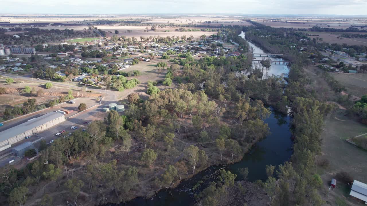 Aerial view of the Loddon River and the town of Bridgewater, central Victoria, Australia, May 2025.