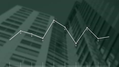 animation of statistical data processing against low angle view of tall buildings