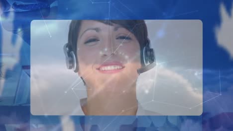 animación de un globo de gente de negocios usando computadoras y auriculares telefónicos y red de conexiones
