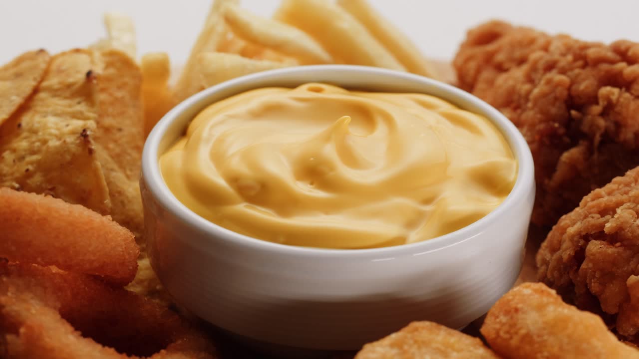 치즈 소스와 함께 맛있는 다양한 긴 음식