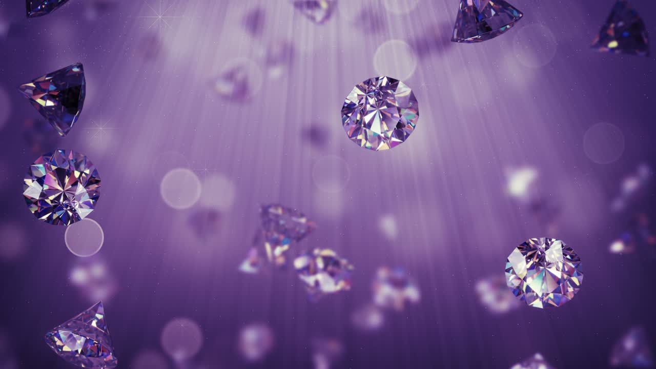 Purple amethyst gems in light rays 3D render seamless loop animation