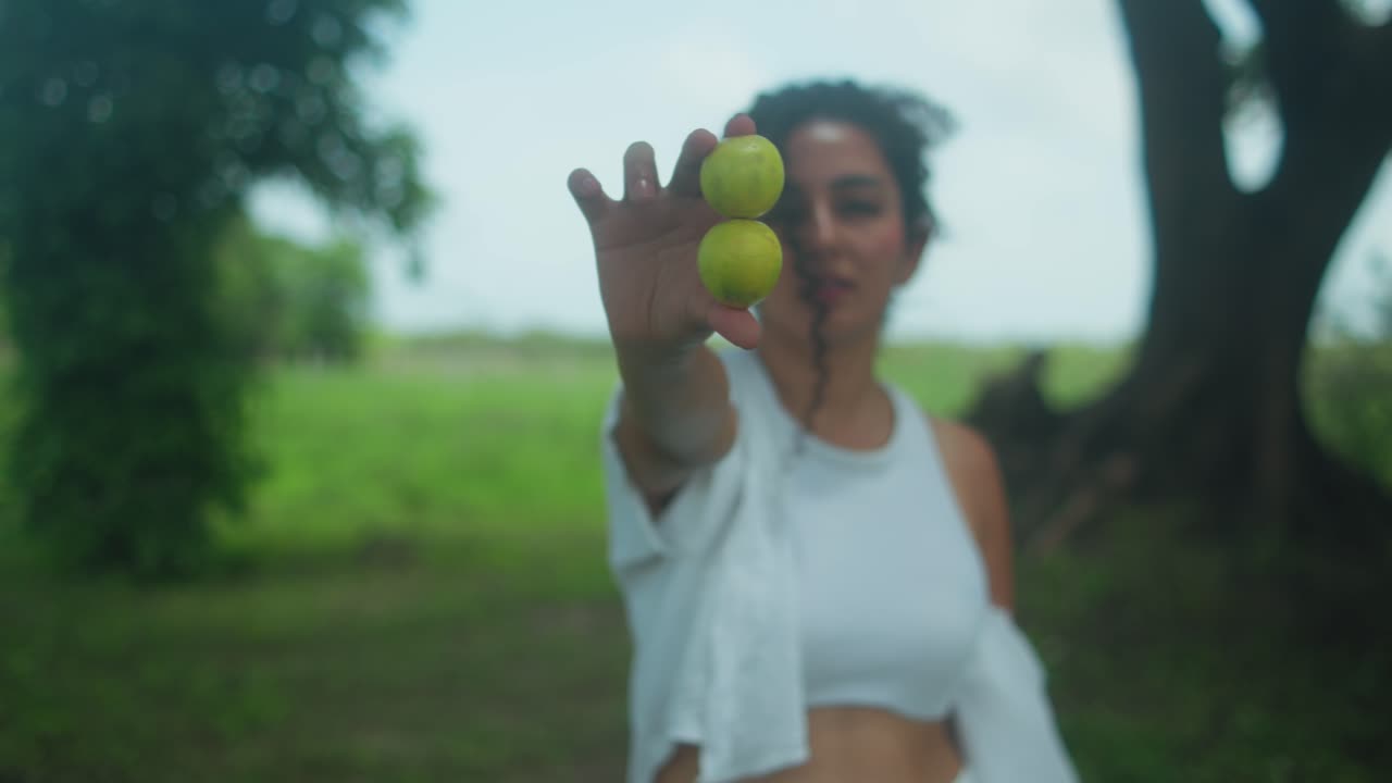 A beautiful young woman is shown holding two yellow plums in a natural setting