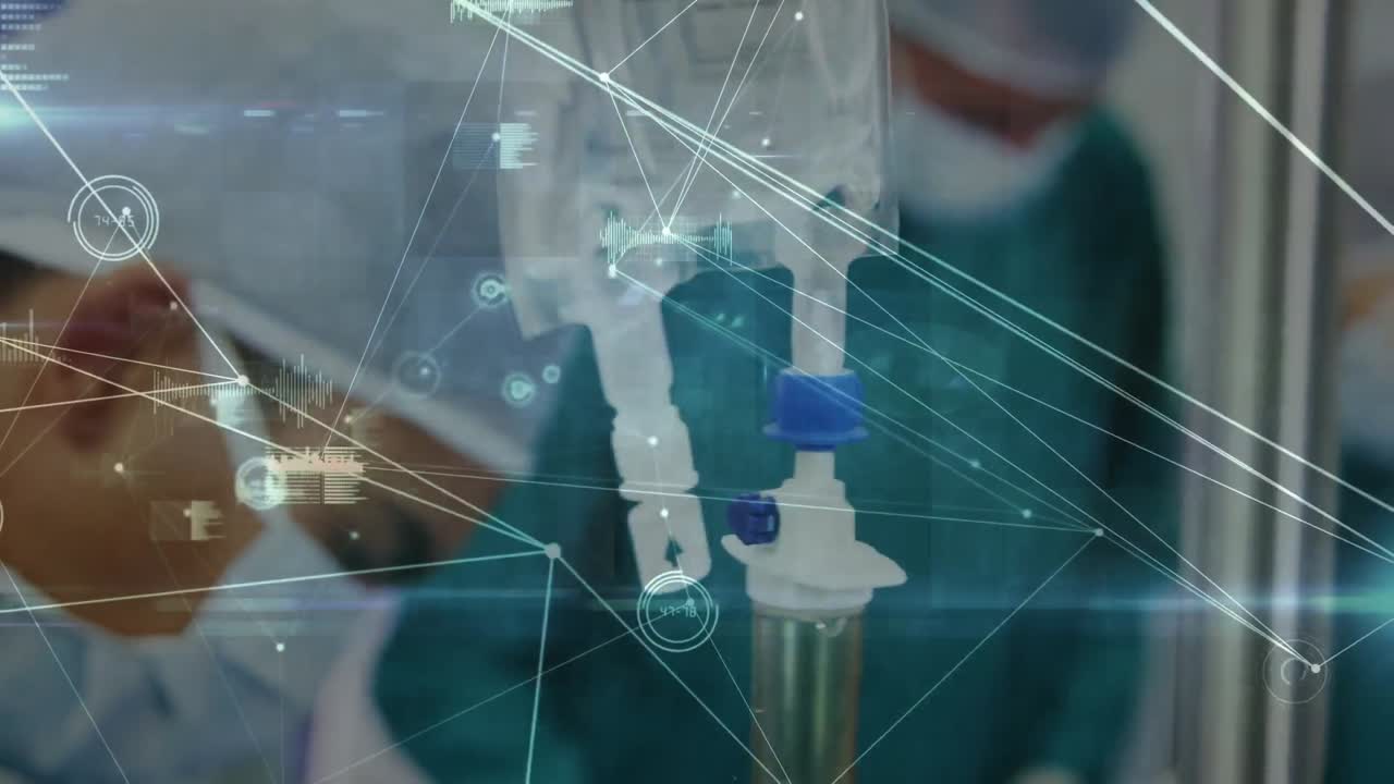 Animation of network of connections over two caucasian surgeons in operating theater